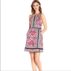 NANETTE LEPORE overboard red navy paisley dress cross back open ladder stitch 8